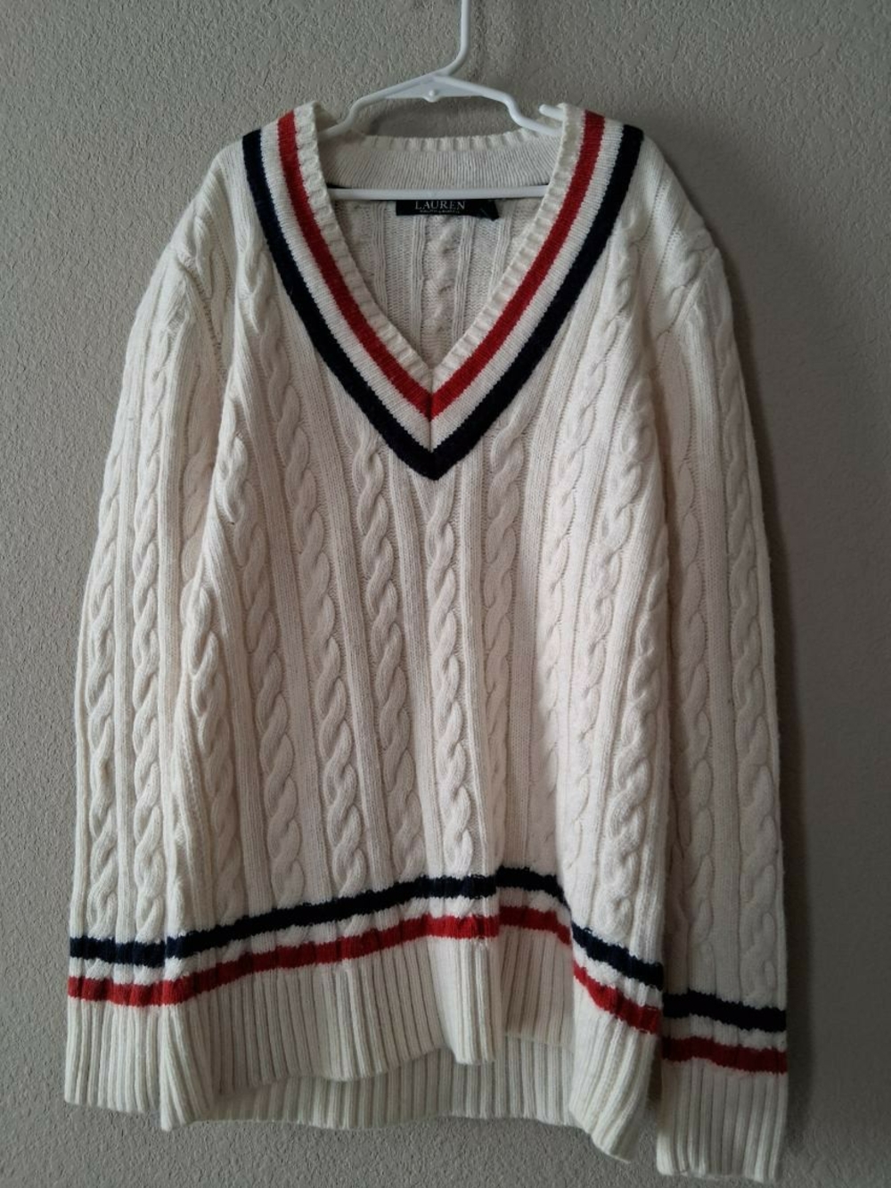 Lauren Ralph Lauren Cable-Knit Crewneck Sweater Red & Navy Stripe Trim - Small